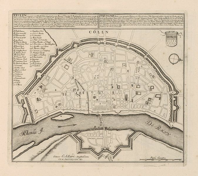Old map of Cologne from around 1720 by Gert Hilbink