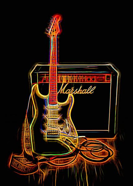 Guitare et amplificateur en couleurs néon par Leo Huijzer