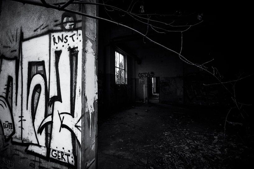 immeuble urbex avec graffitis en Allemagne, en noir et blanc par Ger Beekes