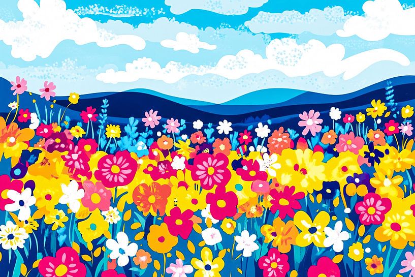 Buntes Blumenfeld mit blauem Himmel von Art & Soul Creations