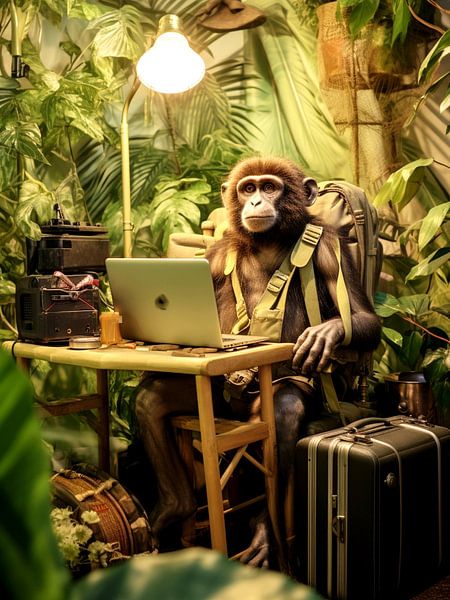 jungle werkplek aap laptop koffer licht werk satire van gm_designs