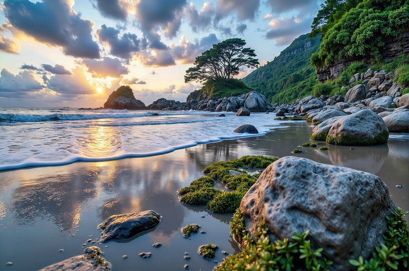 Plage rocheuse avec végétation et lumière du coucher de soleil par Markus Gann