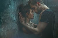 Jong stel in innige omhelzing op een muur