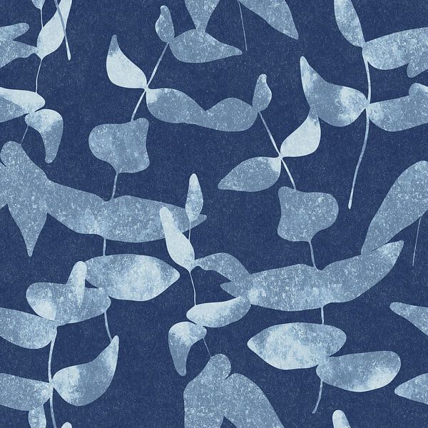 Modern botanisch. Bladeren in indigo blauw en wit van Dina Dankers
