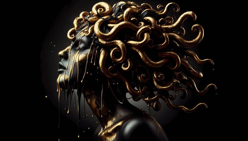 Medusa mit goldenen Schlangen – Mythologische Kunst in edlem Gold von ButterflyPix