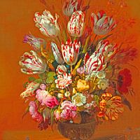 nature morte avec fleurs fond orange