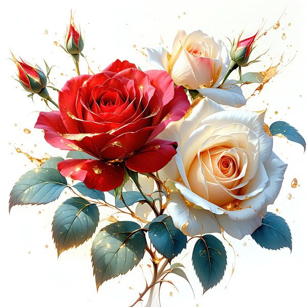 Majestätische Rosen in ihrer Blütenpracht im goldenen Glanz – Ein poetisches Spiel aus Farbe, Licht und fließender Eleganz (2 von 3) von AidasignArt