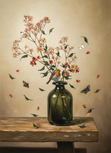 Robin on Vase - Oil Still Life by By Marjolein Design