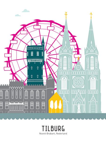 Skyline illustratie stad Tilburg in kleur (met kermis) van Mevrouw Emmer