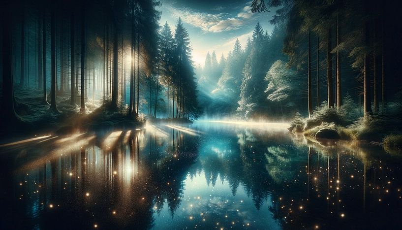 Enchanted night reflections in the forest lake by artefacti