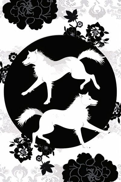 Silhouette en noir et blanc de loups et de fleurs dansant par Imperial Art House