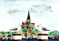 Flensburger Hafen mit Möwenmotiv an der Hafenspitze