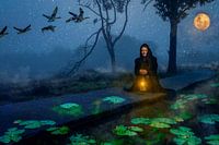 Beautiful young woman kneeling on a platform of water lilies