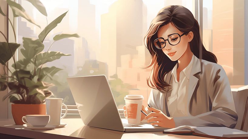 Businesswoman works in office with laptop, illustration painting art design by Animaflora PicsStock