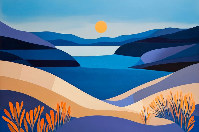 Farbenfrohe Küstenlandschaft im Licht  Sonnenstrahlen über sa von Poster Art Shop