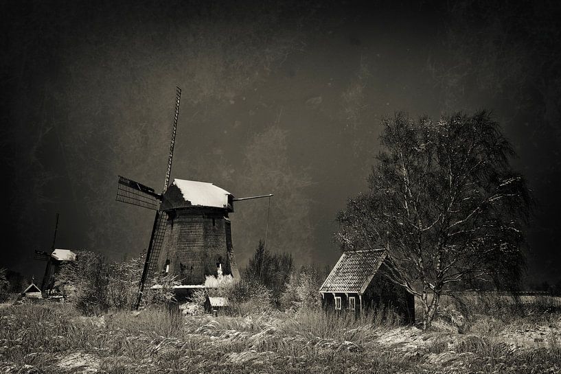 Dutch windmill in winter in art version by Peter Bolman