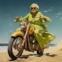 Motorrad Strand ältere Dame grünes Kleid Bewegung Coolness