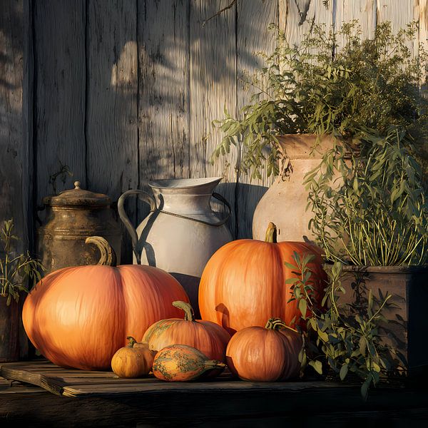 Nature morte rustique de citrouilles d'automne par Ariadna de Raadt-Goldberg