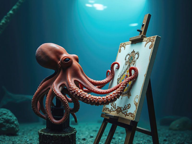 Octopus Malerei unter Wasser auf Leinwand mit Tentakeln von Markus Gann