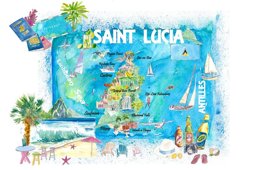 Saint Lucia West Indies Illustrated Map with Tourist Highlights d by Markus Bleichner