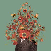 Porträt mit Blumen, Hummeln, Rotkehlchen und einem Schmetterling (grüner Hintergrund)