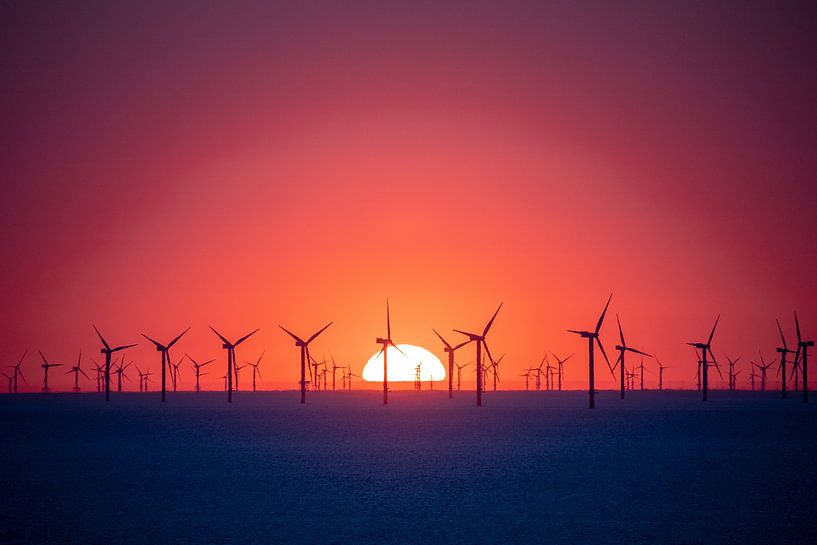 Coucher de soleil avec des moulins à vent, mer du Nord par Yanuschka | Fotografie Noordwijk