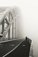 Walking on a bridge in fog