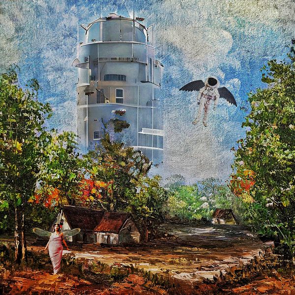 Peinture d'un paysage, avec un immeuble d'habitation et un astronaute volant par Ruben van Gogh - smartphoneart