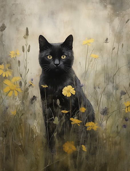 Chat noir parmi les fleurs jaunes par Emil Husstege