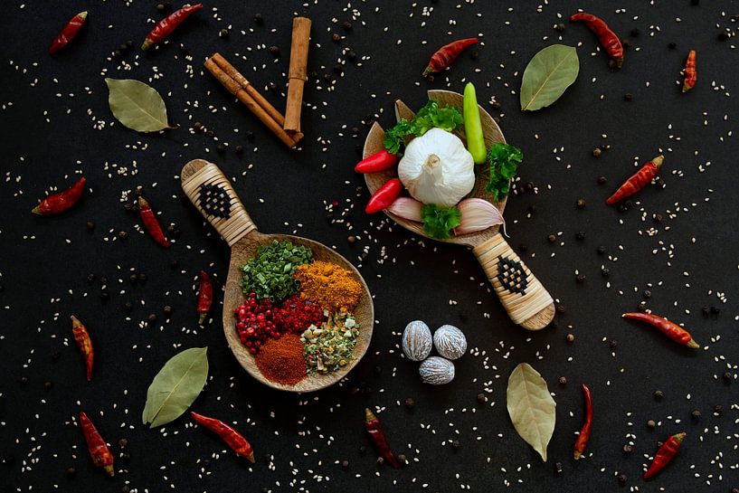 Spices and herbs on wooden spoons by Francis Dost