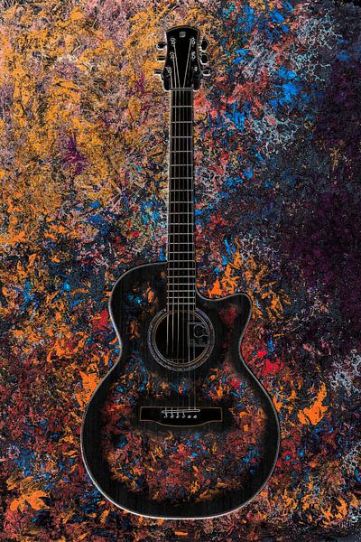 Dark guitar on an abstract explosion of colours by Lisette Rijkers