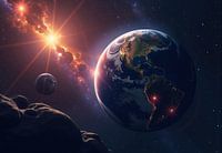 Erde, Mond, Asteroid und Stern im Weltraum