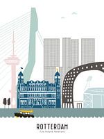 Skyline illustratie stad Rotterdam | Feijenoord | Kuip in kleur