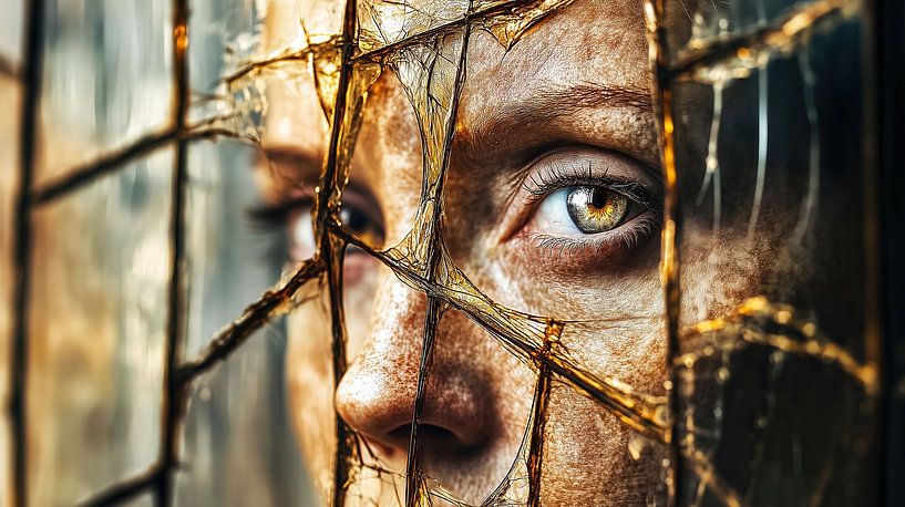 Woman with freckles behind golden glass by Frank Heinz