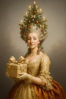 Rokoko-Weihnachtsporträt mit Goldgeschenk und Christbaumfrisur