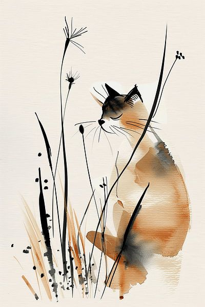 Kitten with Field Flowers in Japandi Style by Karina Brouwer