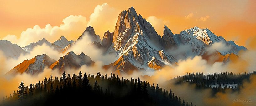 Paysage de montagne entre forêts, brouillard et montagnes : un paysage de neige dans la lumière chaude de la terre et du ciel par AidasignArt
