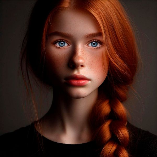 Fille aux cheveux roux et aux yeux bleus brillants. par Ineke de Rijk