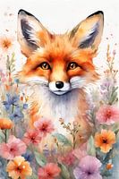 Fuchs inmitten von Blumen Aquarell Malerei