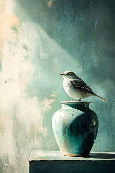 Vogel auf Vase in weichem Licht von Art & Soul Creations