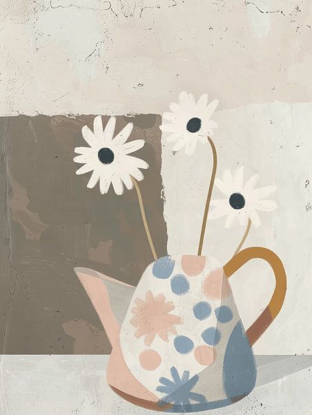 Trendige Illustration eines fröhlichen Stilllebens mit Blumen von Japandi Art Studio