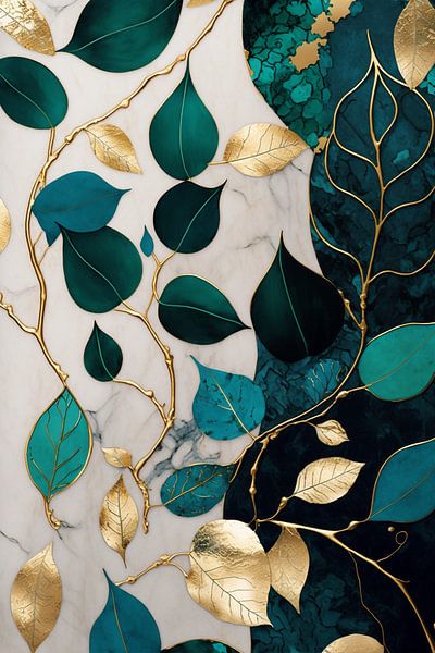 Abstrakte Kunst | Blätter gold grün schwarz und weiß von Digitale Schilderijen