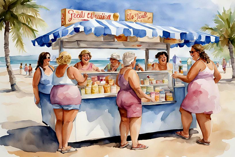 Gemütliche Damen am Eiswagen am Strand von De gezellige Dames
