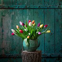 Des tulipes hollandaises devant la porte d'une vieille grange.