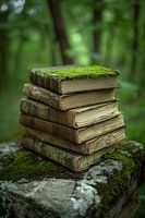 Verwitterte, mit Moos bedeckte Bücher