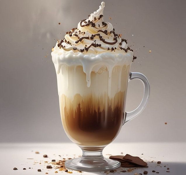 ein Caffé Latte mit Schlagsahne und Schokoladenstückchen gekrönt. von J.a Dijkstra