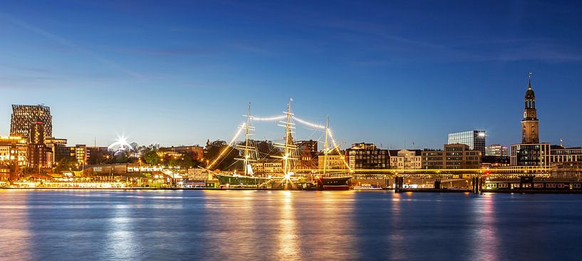 Hamburg City Skyline with museum ship Rickmer Rickmers- Panorama in the blue hour by Frank Herrmann