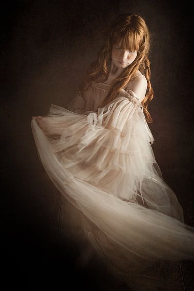 Redheaded girl waving with dress by Cindy Van den Broecke