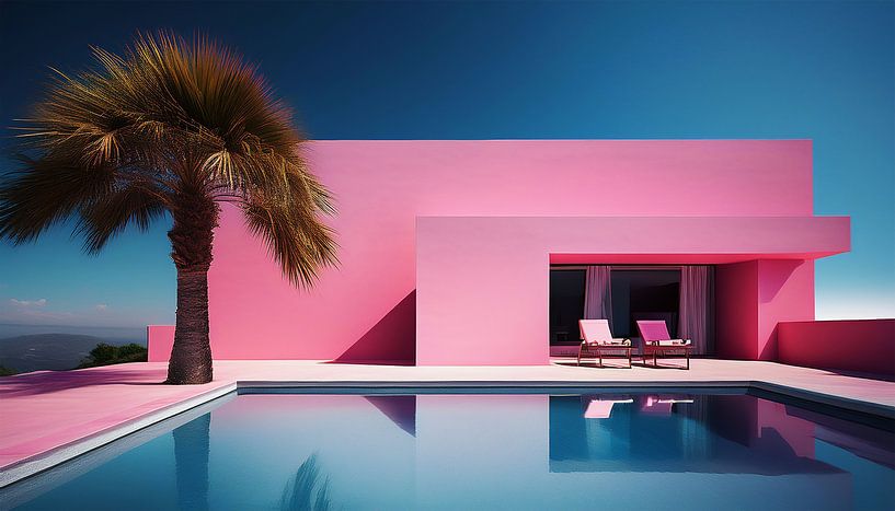 Maison rose avec piscine de palmiers par Mustafa Kurnaz