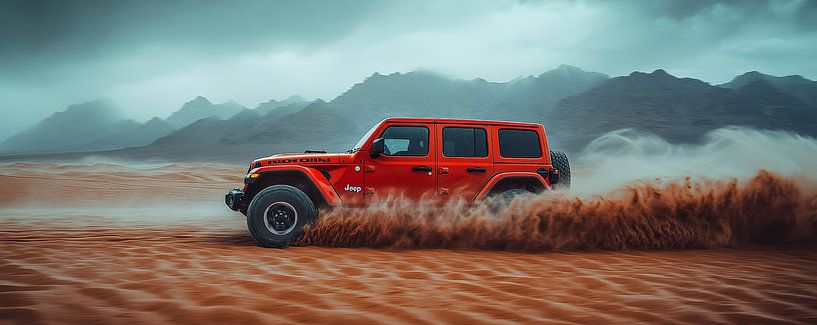 Roter Jeep Wrangler bei Sonnenuntergang in den Dünen von Lufy